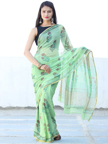 Light Green Coral Hand Block Printed Chiffon Saree with Zari Border - S031703942