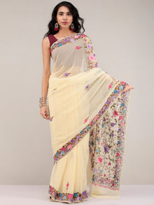 Off White Aari Embroidered Georgette Saree From Kashmir - S031704654