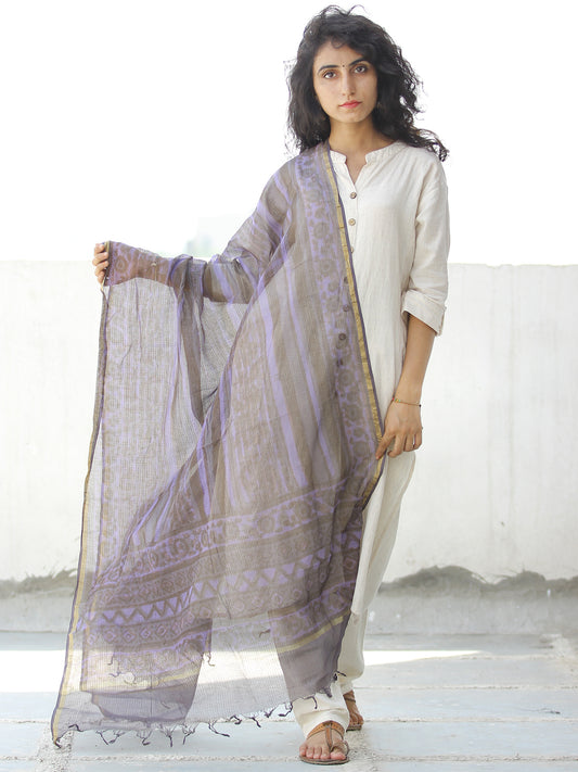 Purple Grey Kota Silk Hand Block Printed Dupatta - D04170567