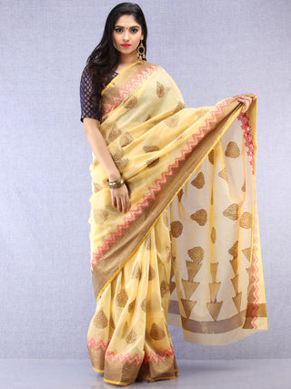 Banarasee Cotton Silk Saree With Zari Work - Ivory Pink & Gold - S031704435