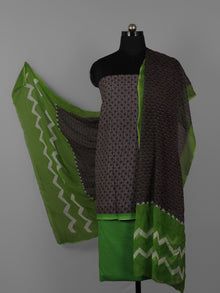 Grey Green White Hand Block Printed Cotton Suit-Salwar Fabric With Chiffon Dupatta (Set of 3) - S16281308
