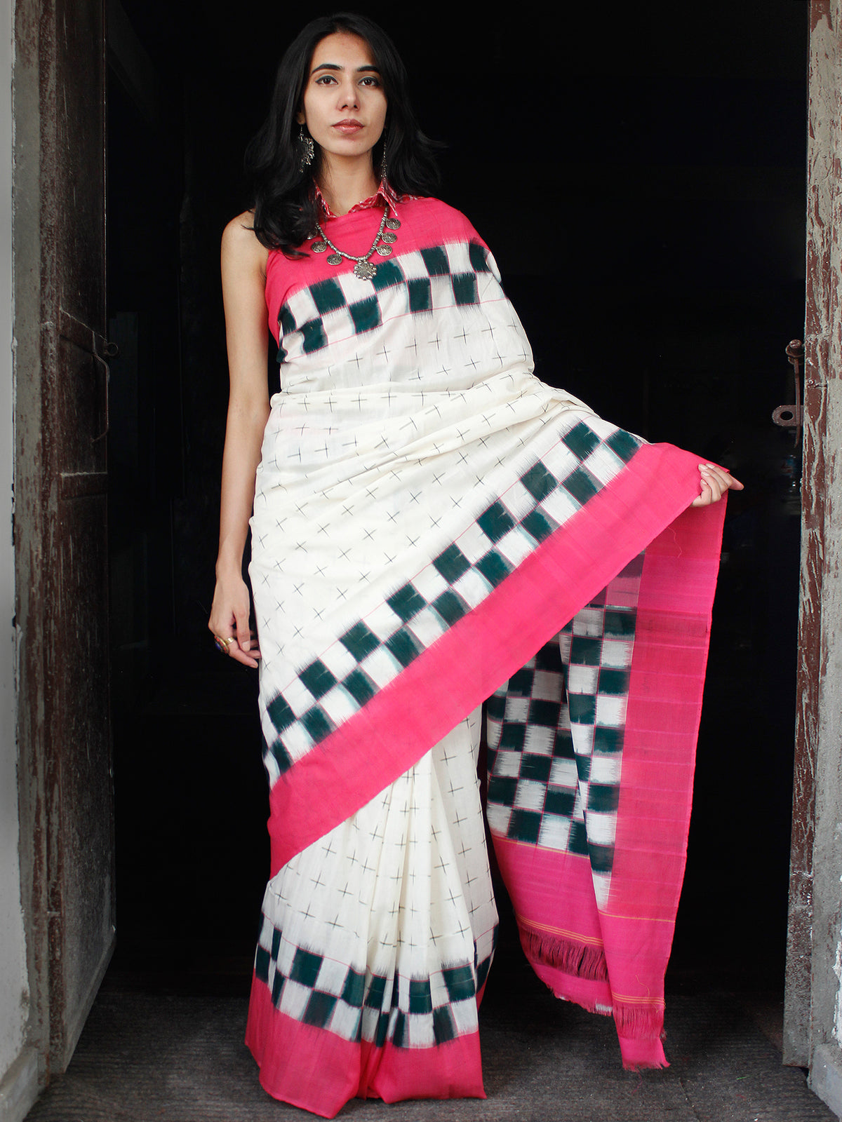 Teal Green Off White Pink Double Ikat Handwoven Cotton Saree - S031703540
