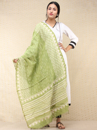 Light Green White Chanderi Hand Block Printed Dupatta - D04170717