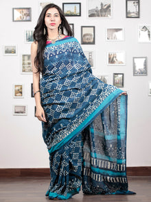 Indigo White Blue Hand Block Printed Cotton Mul Saree - S031703046