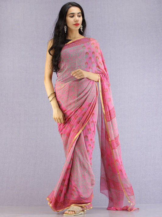 Pink Red Green Hand Block Printed Chiffon Saree with Zari Border - S031704612