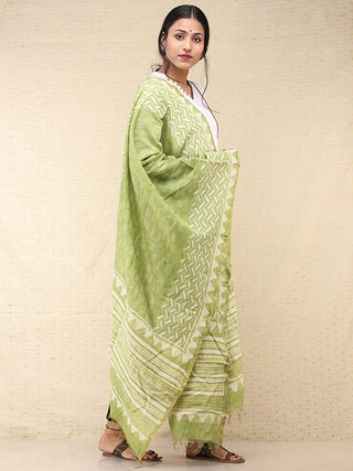Light Green White Chanderi Hand Block Printed Dupatta - D04170717