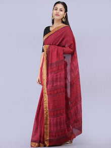 Blush Red Pink Black Bagh Printed Maheshwari Cotton Saree - S031704252