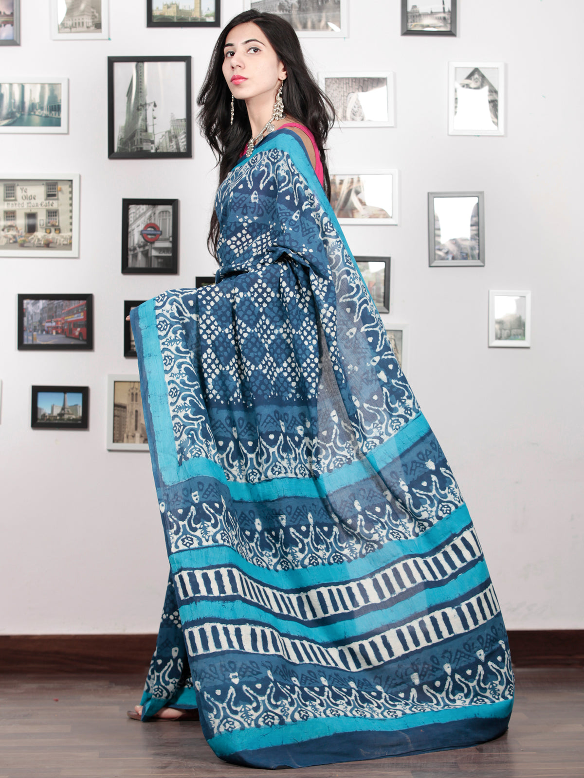 Indigo White Blue Hand Block Printed Cotton Mul Saree - S031703046