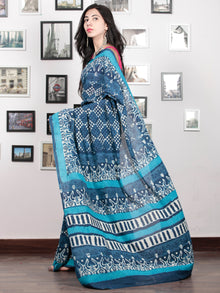 Indigo White Blue Hand Block Printed Cotton Mul Saree - S031703046