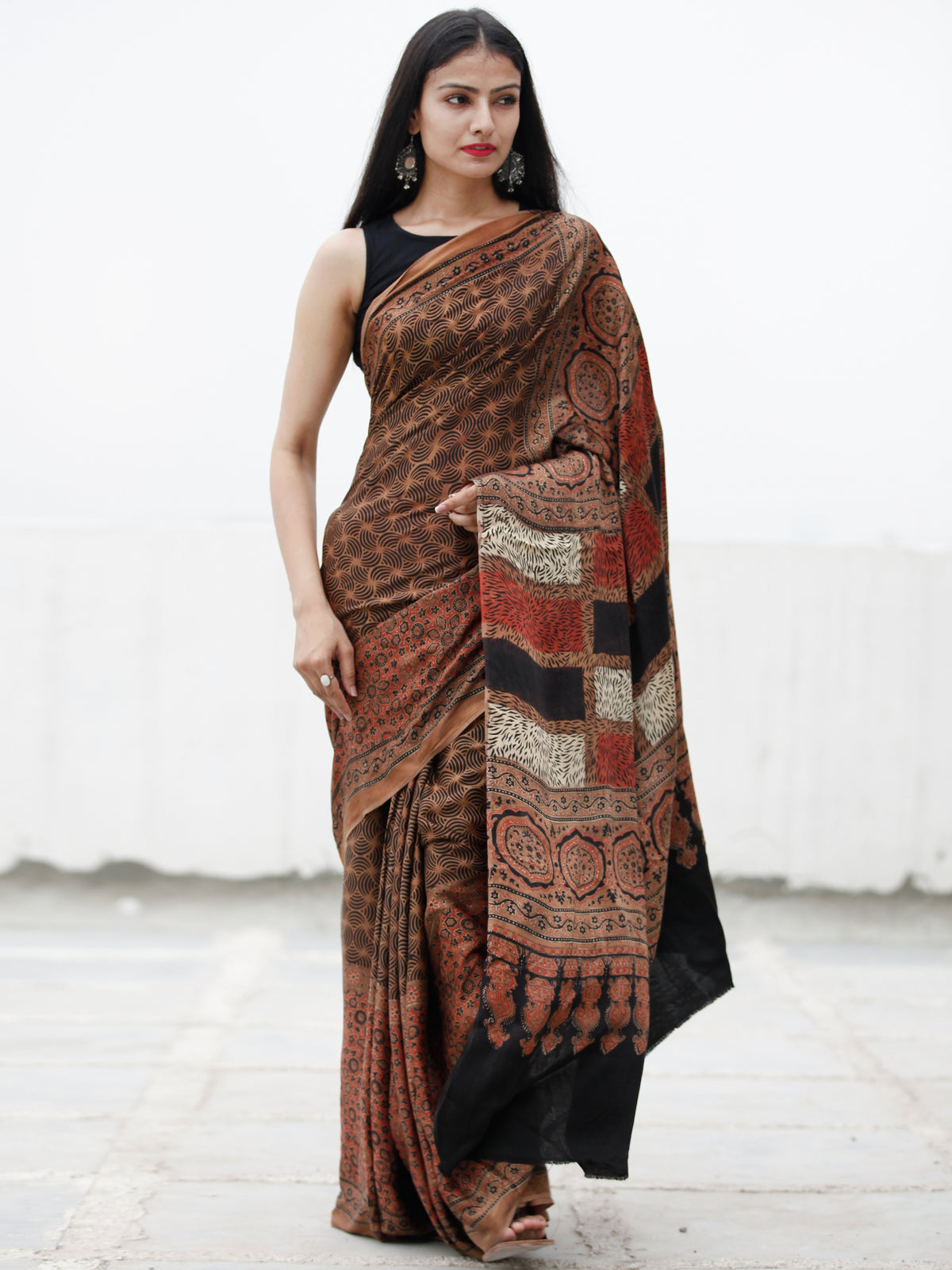 Coffee Brown Black Red Ivory Ajrakh Hand Block Printed Modal Silk Saree in Natural Colors - S031703726