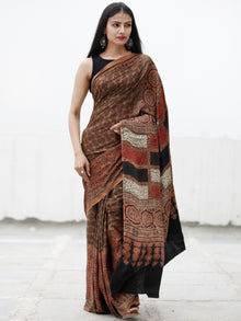 Coffee Brown Black Red Ivory Ajrakh Hand Block Printed Modal Silk Saree in Natural Colors - S031703726