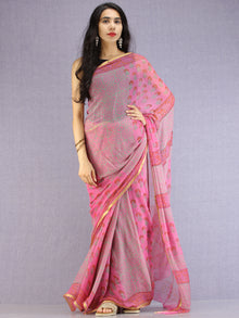 Pink Red Green Hand Block Printed Chiffon Saree with Zari Border - S031704612