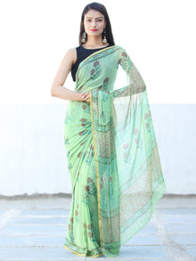 Light Green Coral Hand Block Printed Chiffon Saree with Zari Border - S031703942