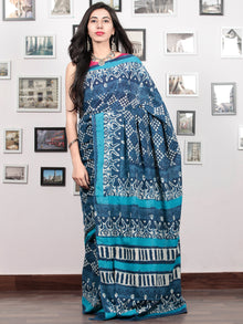 Indigo White Blue Hand Block Printed Cotton Mul Saree - S031703046