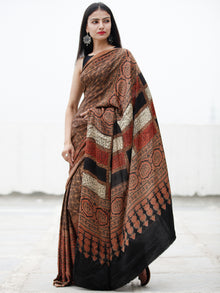 Coffee Brown Black Red Ivory Ajrakh Hand Block Printed Modal Silk Saree in Natural Colors - S031703726