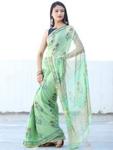 Light Green Coral Hand Block Printed Chiffon Saree with Zari Border - S031703942
