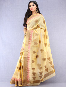Banarasee Cotton Silk Saree With Zari Work - Ivory Pink & Gold - S031704435