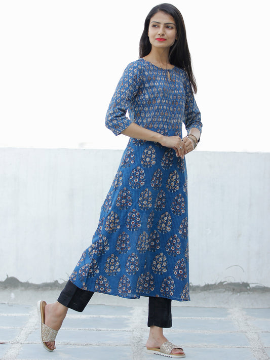 Indigo Golden Rust Hand Block Printed Cotton Kurta - K196F1839