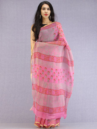 Pink Red Green Hand Block Printed Chiffon Saree with Zari Border - S031704612