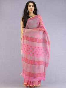 Pink Red Green Hand Block Printed Chiffon Saree with Zari Border - S031704612