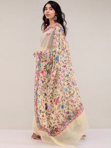 Off White Aari Embroidered Georgette Saree From Kashmir - S031704654