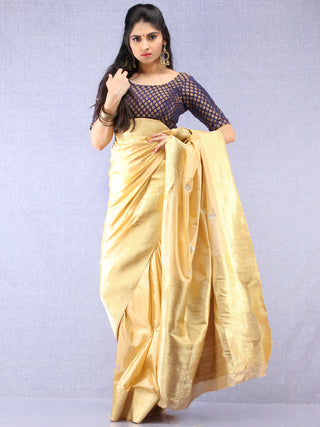 Banarasee Pure Katan Silk Saree With Zari Work - Beige Silver Gold - S031704338