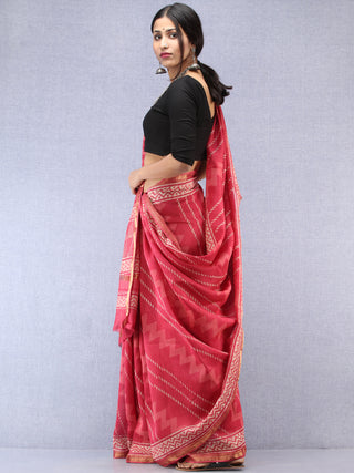 Pastel Pink Ivory Hand Block Printed Maheshwari Silk Saree With Zari Border - S031704532