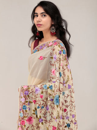 Off White Aari Embroidered Georgette Saree From Kashmir - S031704654