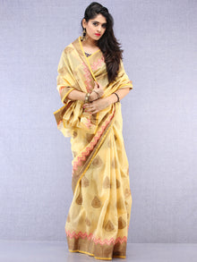 Banarasee Cotton Silk Saree With Zari Work - Ivory Pink & Gold - S031704435