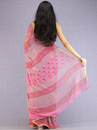 Pink Red Green Hand Block Printed Chiffon Saree with Zari Border - S031704612