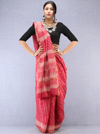 Pastel Pink Ivory Hand Block Printed Maheshwari Silk Saree With Zari Border - S031704532