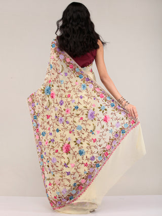 Off White Aari Embroidered Georgette Saree From Kashmir - S031704654