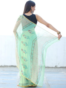 Light Green Coral Hand Block Printed Chiffon Saree with Zari Border - S031703942