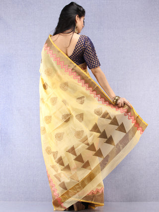 Banarasee Cotton Silk Saree With Zari Work - Ivory Pink & Gold - S031704435