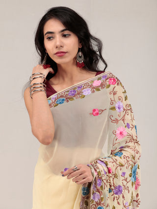Off White Aari Embroidered Georgette Saree From Kashmir - S031704654