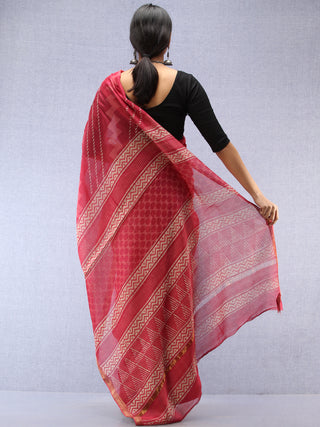 Pastel Pink Ivory Hand Block Printed Maheshwari Silk Saree With Zari Border - S031704532