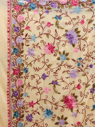 Off White Aari Embroidered Georgette Saree From Kashmir - S031704654