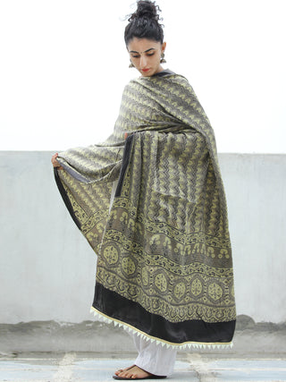 Grey Olive Green Black Ajrakh Hand Block Printed Modal Silk Dupatta - D04170329