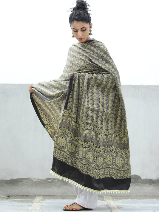 Grey Olive Green Black Ajrakh Hand Block Printed Modal Silk Dupatta - D04170329