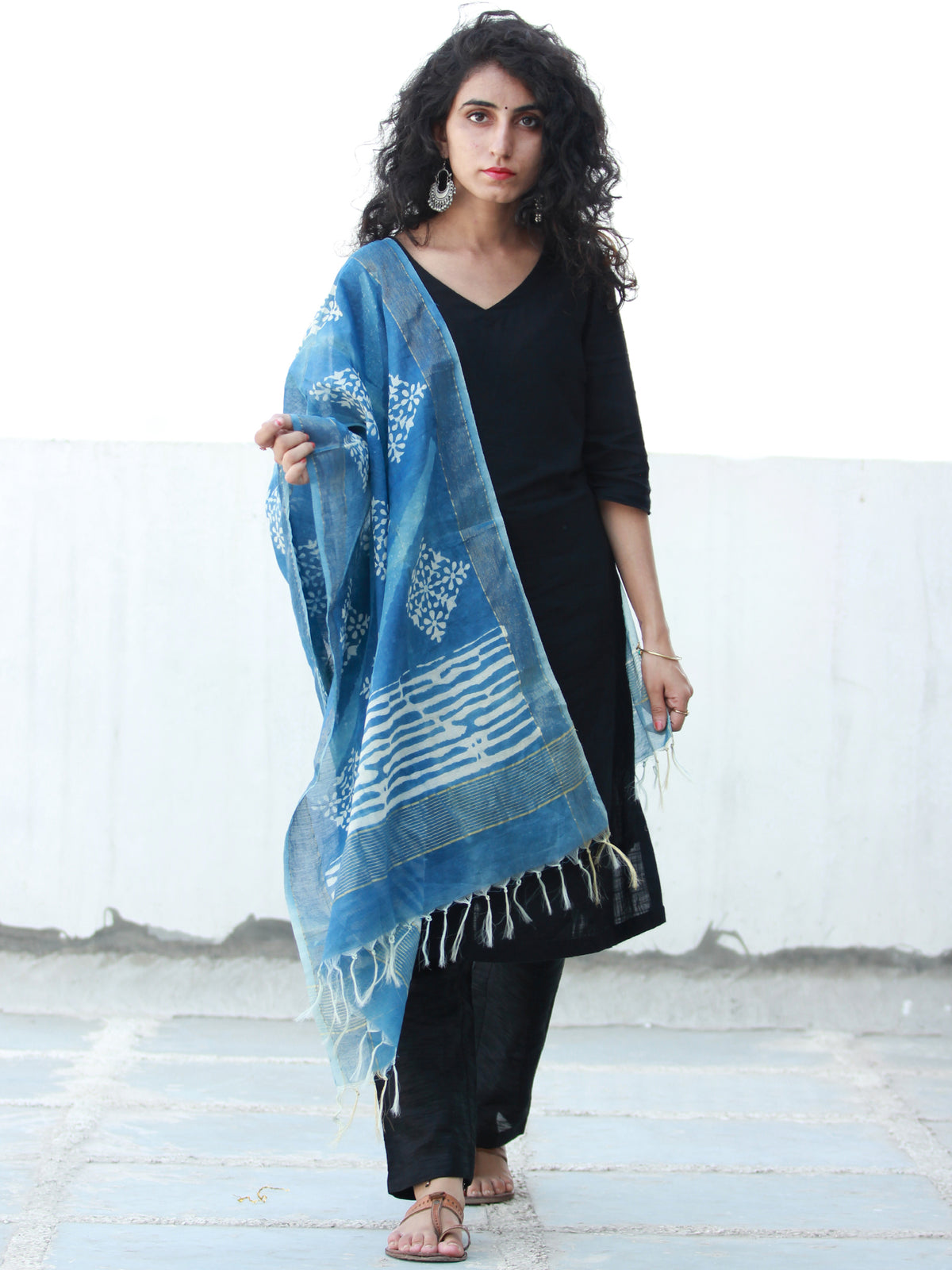 Indigo White Chanderi Hand Block Printed Stole - D04170480