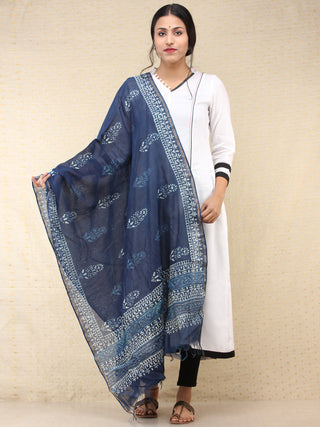 Indigo White Chanderi Hand Block Printed Dupatta - D04170718