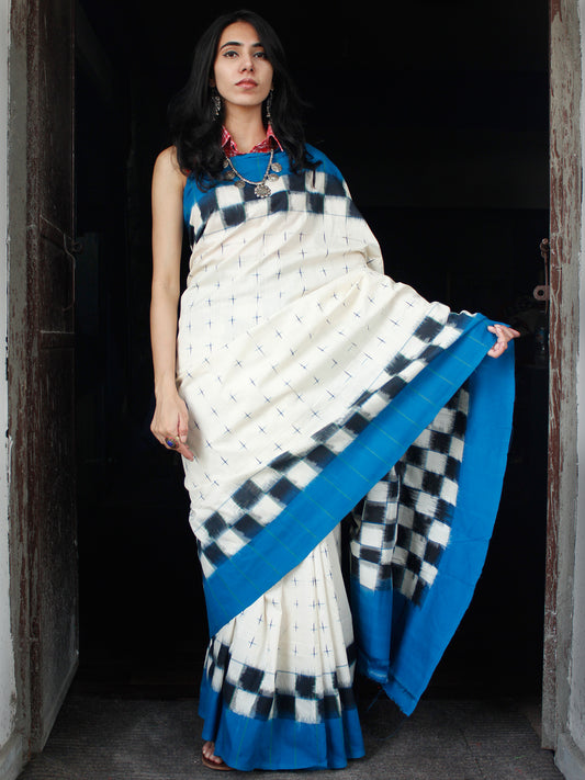 Midnight Blue Off White Double Ikat Handwoven Mercerised Cotton Saree - S031703541