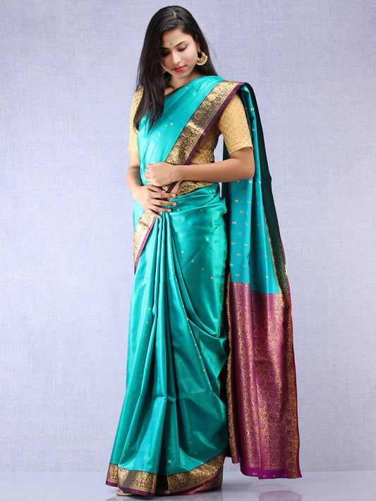 Banarasee Art Silk Self Weave Saree With Zari Work - Green Magenta & Gold - S031704339