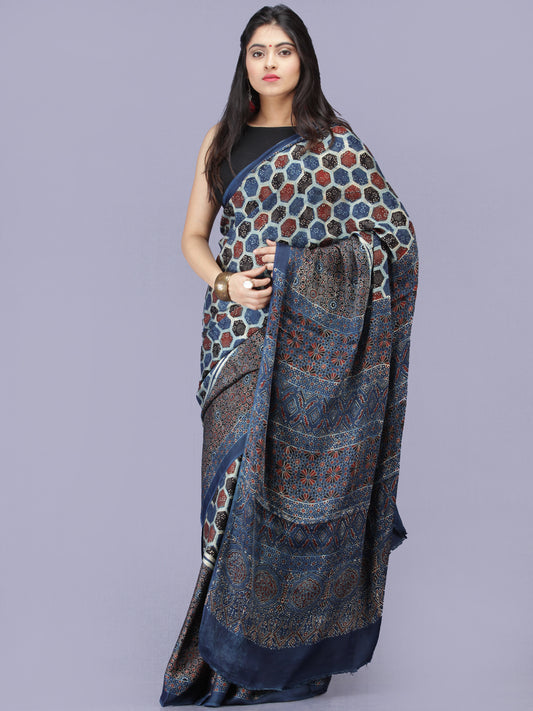 Indigo Ivory Red Black Ajrakh Hand Block Printed Modal Silk Saree - S031704194