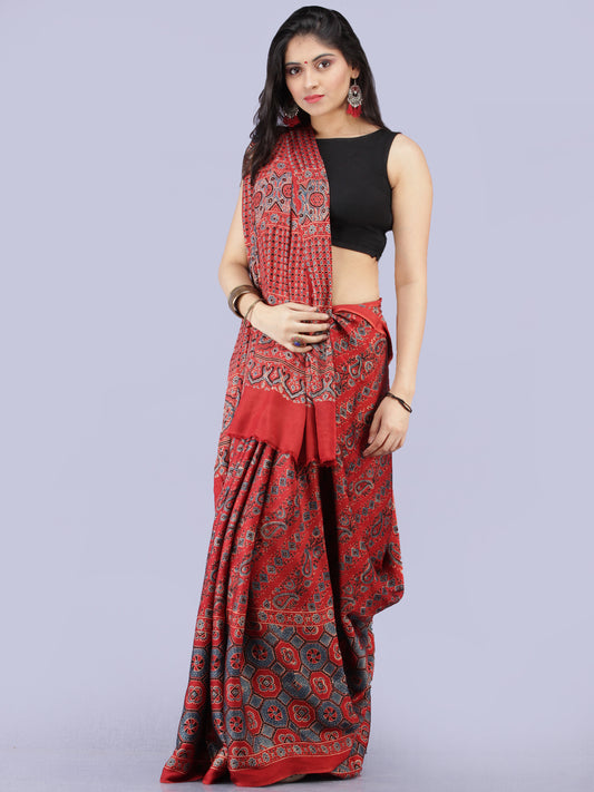 Red Black Grey Ajrakh Hand Block Printed Modal Silk Saree - S031704265