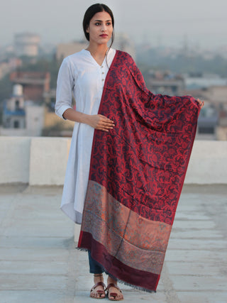 Maroon Navy Jamavari Silk Woollen Kashmiri Stole - S200538