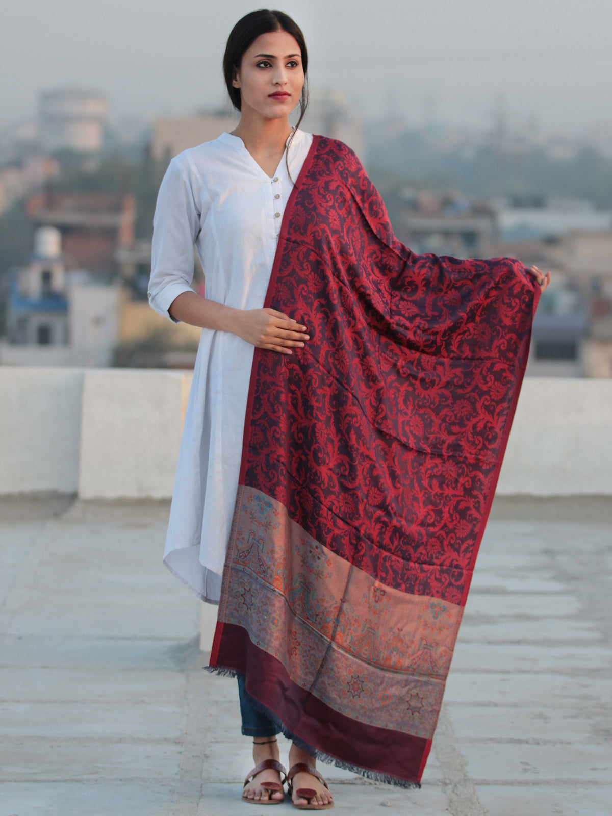 Maroon Navy Jamavari Silk Woollen Kashmiri Stole - S200538