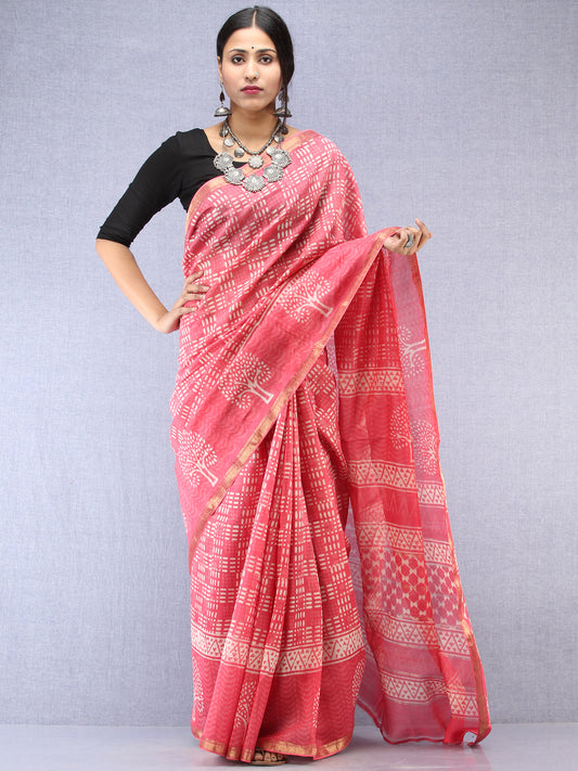 Pink Ivory Hand Block Printed Maheshwari Silk Saree With Zari Border - S031704533