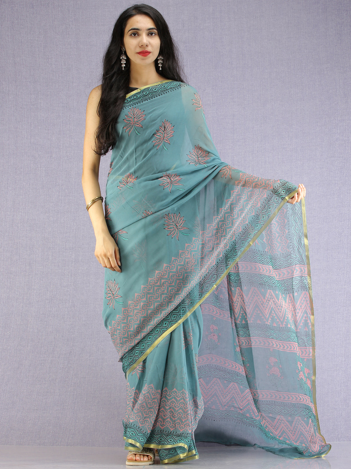 Turquoise Coral Green Hand Block Printed Chiffon Saree with Zari Border - S031704613