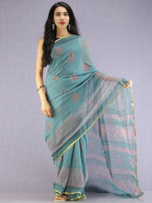 Turquoise Coral Green Hand Block Printed Chiffon Saree with Zari Border - S031704613